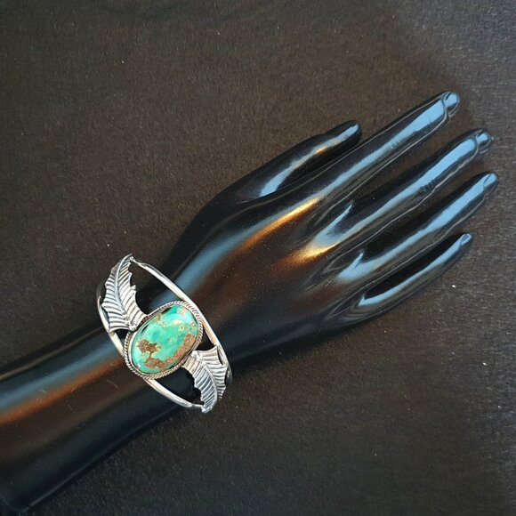 Vintage Pre-1950s Native American Sterling Genuine Turquoise Feather Bracelet - Picture 6 of 14